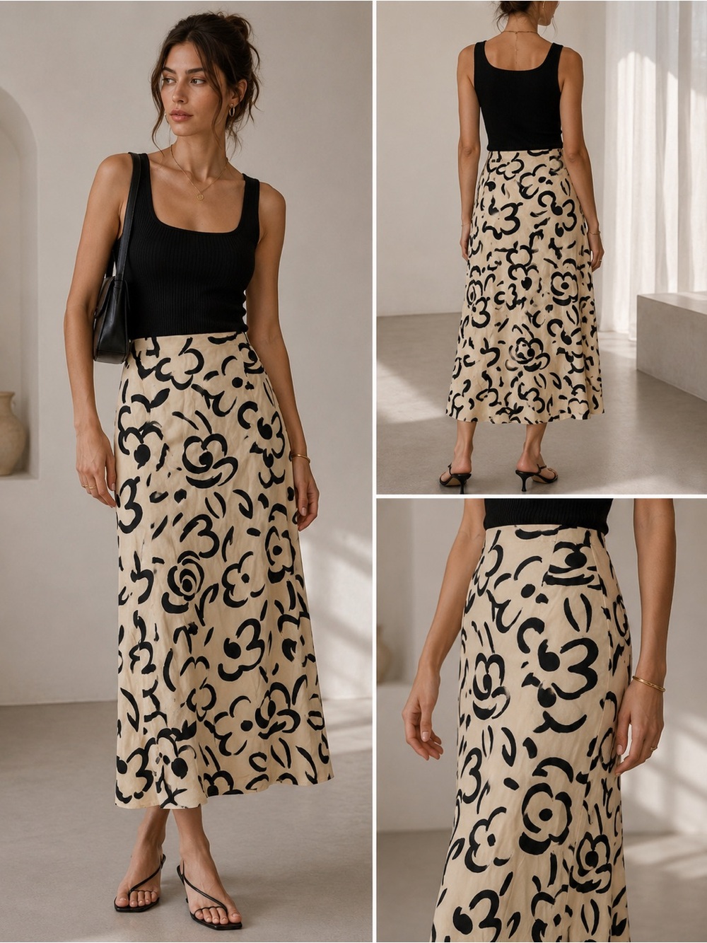 Sonia Rykiel Cream Midi Skirt with Black Floral Motif